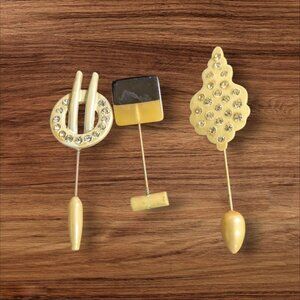 Vintage Lot Of 3 Art Deco Hat Stick Pins Geometric & Rhinestone Accents Unique D